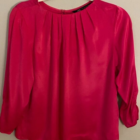 Zara Pleated Satin Blouse in Fuchsia Size XS - Picture 2 of 5